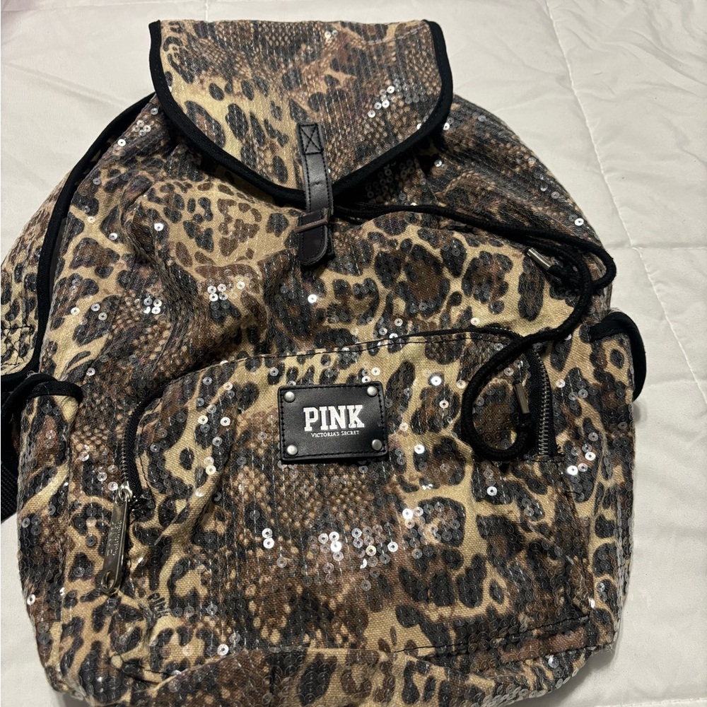 PINK Victoria's Secret Brown Leopard Sequin Backpack